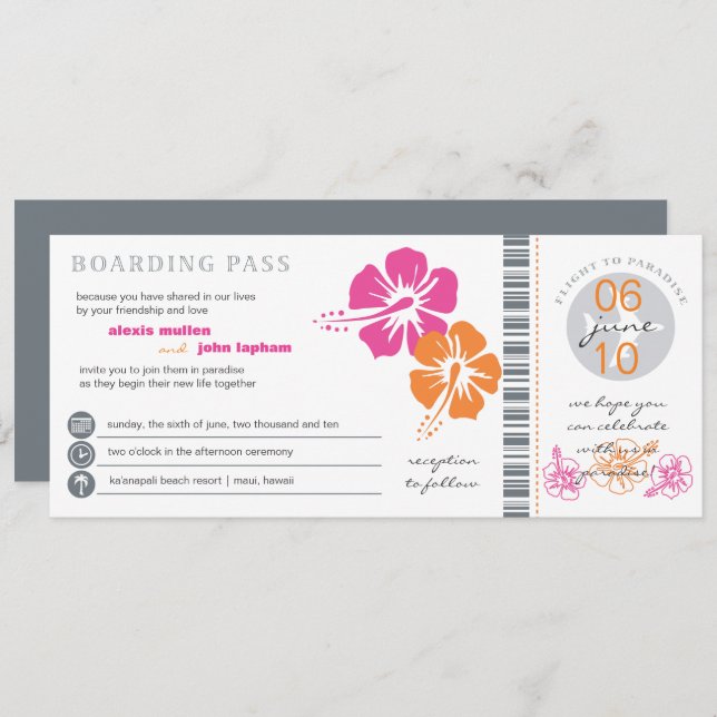 Pink and Orange Hibiscus Boarding Pass Wedding Invitation (Front/Back)