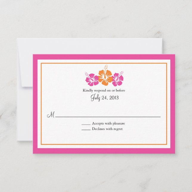 Pink and Orange Hibiscus Flowers Wedding RSVP Card (Front)