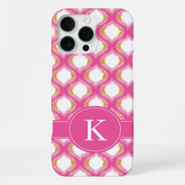 Pink and Orange Ikat Ogee Pattern Monogram iPhone Case (Back)