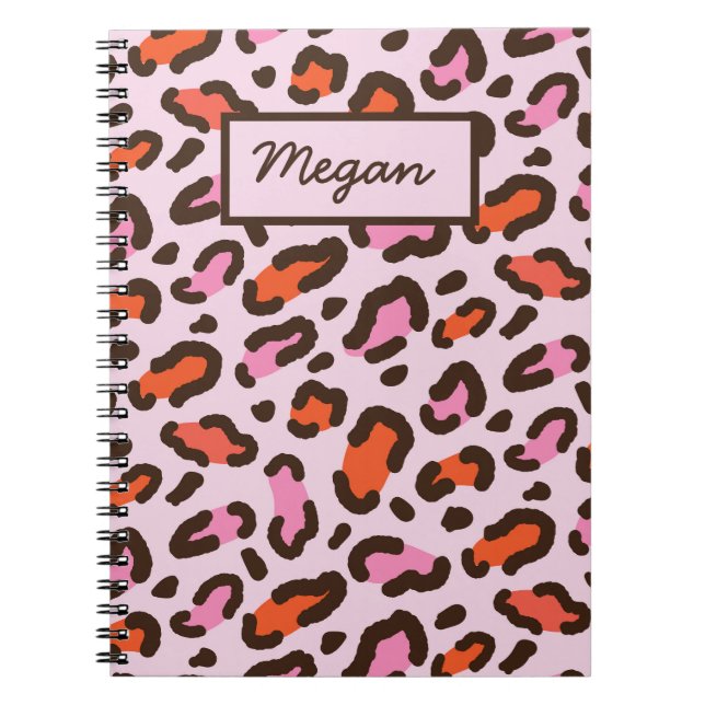 Pink and Orange Leopard Animal Print  Name  Notebook (Front)