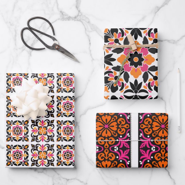 Pink and Orange Mexican Folk Tile Wrapping Paper Sheet (Front)