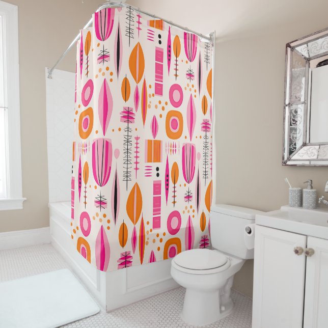 Pink and Orange Mid Century Abstract Pattern Shower Curtain (In Situ)