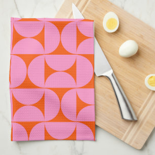 Pink And Orange Mid Century Modern Pattern Tea Towel