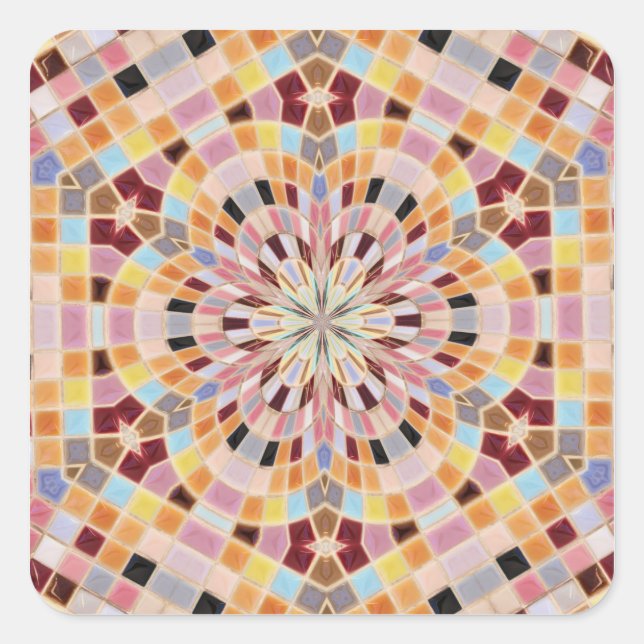 Pink and Orange Mosaic Kaleidoscope Square Sticker (Front)