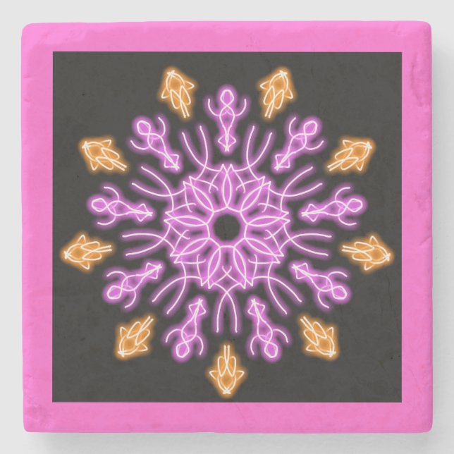 Pink and orange neon flower stone coaster (Front)