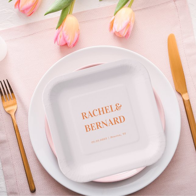 Pink and Orange Peach Apricot Typography Wedding   Paper Plate (Creator Uploaded)