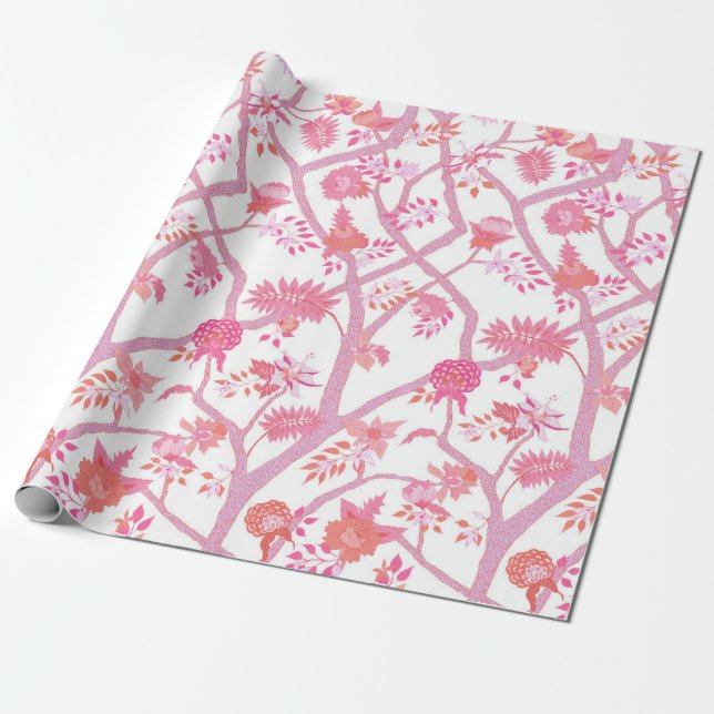 Pink and Orange Peony Branch Wrapping Paper (Unrolled)