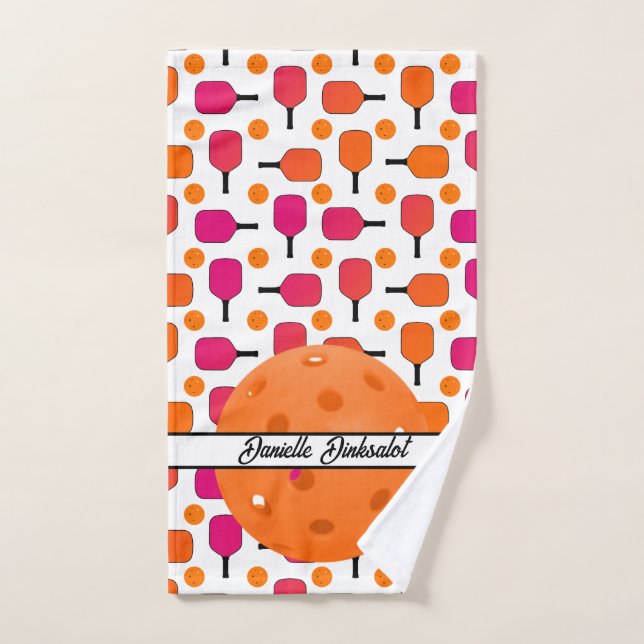 Pink and Orange Pickleball Paddles Personalised Hand Towel (Hand Towel)