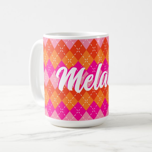Pink and Orange Preppy Argyle Personalised Coffee Mug (Front Left)