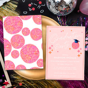 Pink and Orange Retro Disco Ball Graduation Party Invitation