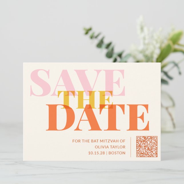 Pink and Orange Retro Modern Bat Mitzvah QR Code Save The Date (Standing Front)