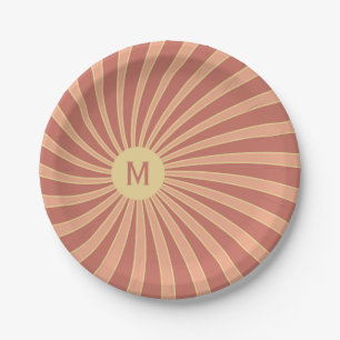 Pink and orange retro style sunburst design paper plate