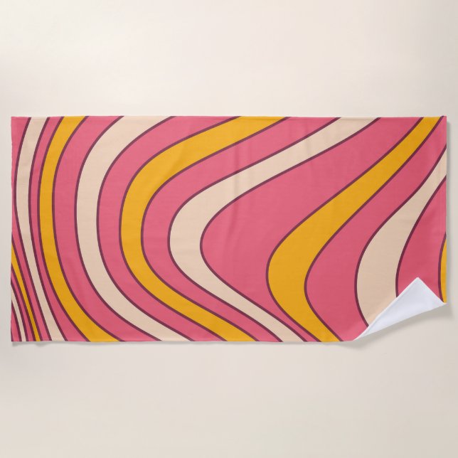 Pink and orange retro style waves beach towel (Front)