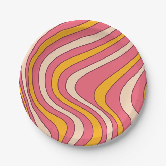 Pink and orange retro style waves paper plate (Front)