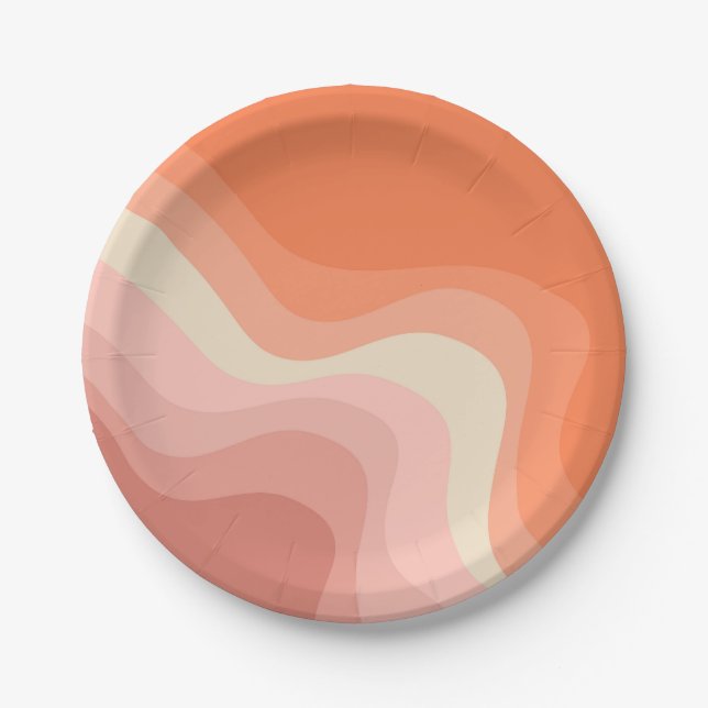 Pink and orange retro style waves paper plate (Front)
