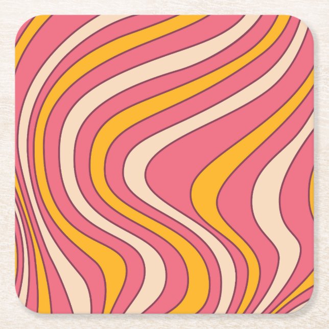 Pink and orange retro style waves square paper coaster (Front)