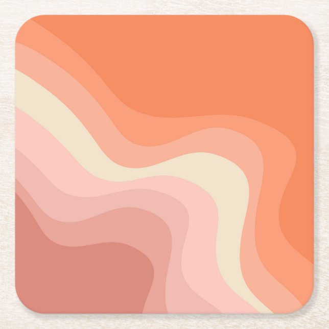 Pink and orange retro style waves square paper coaster (Front)