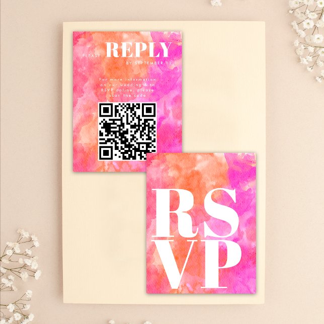 Pink and Orange RSVP Cards for Wedding QR Code (Front / Back)