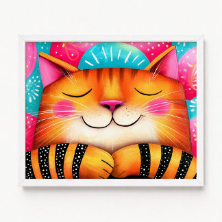 Pink and Orange Sleepy Tabby Cat Painting Poster
