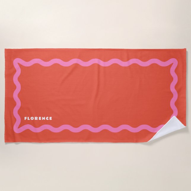 Pink and Orange Squiggle with Text Beach Towel (Front)