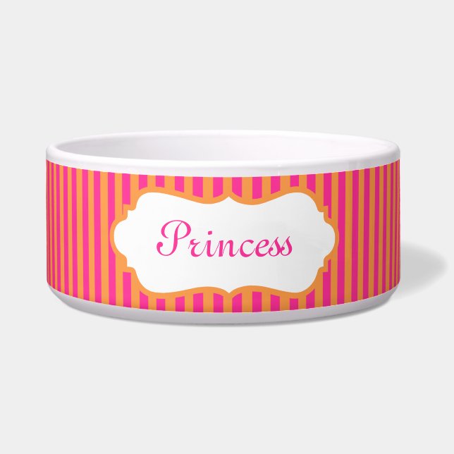 Pink and Orange Striped Custom Pet Bowl - Dog (Front)