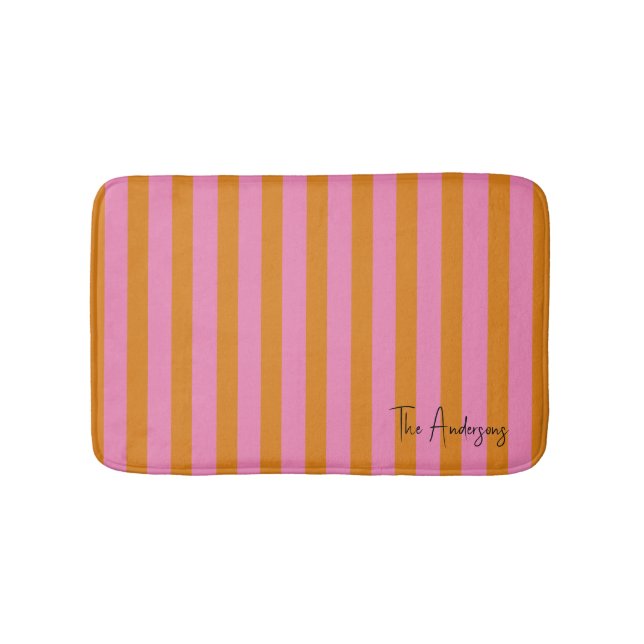 Pink and Orange Stripes Custom Name  Bath Mat (Front)