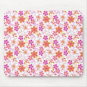 Pink and Orange Tropical Flower Pattern Mouse Pad