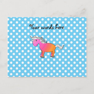 Pink and orange unicorn on blue polka dots postcard