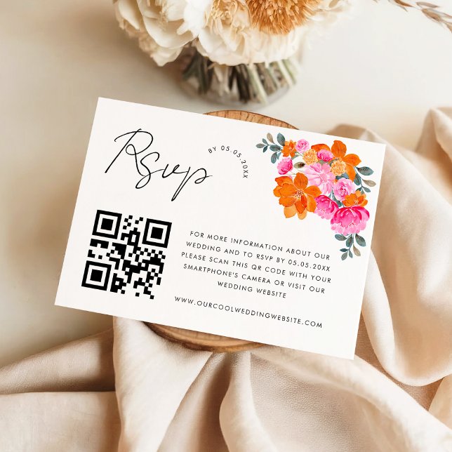 Pink and Orange Vibrant Floral QR Code RSVP Card (Creator Uploaded)