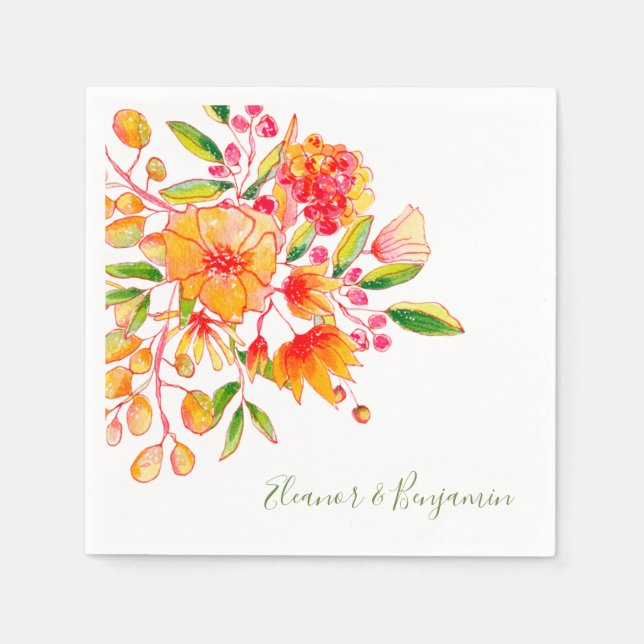 Pink and Orange Watercolor Floral Custom Wedding Napkin (Front)