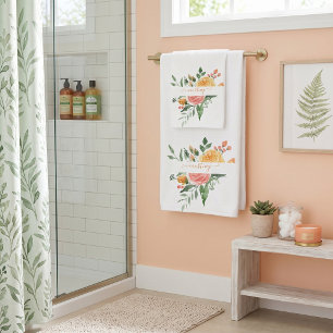 Pink and orange watercolor floral personalised  bath towel set