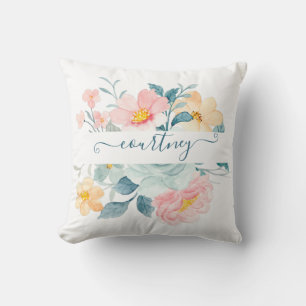 Pink and orange watercolor floral personalised cushion