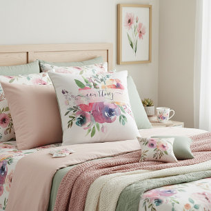 Pink and orange watercolor floral personalised  cushion