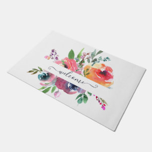 Pink and orange watercolor floral personalised   doormat