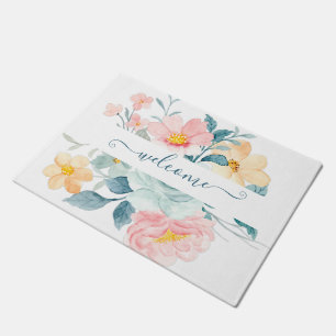 Pink and orange watercolor floral personalised doormat