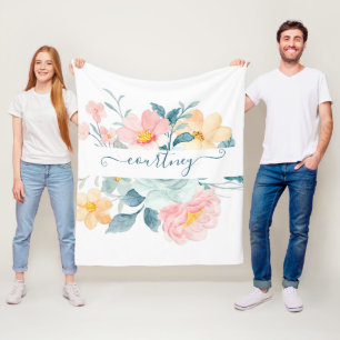 Pink and orange watercolor floral personalised fleece blanket