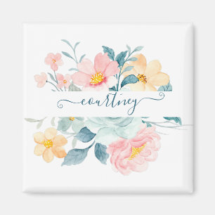Pink and orange watercolor floral personalised magnet