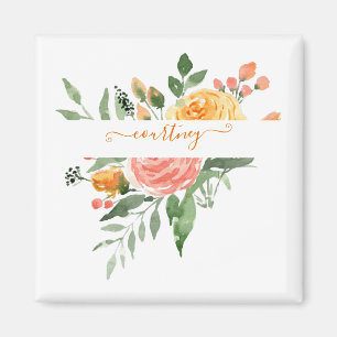 Pink and orange watercolor floral personalised magnet