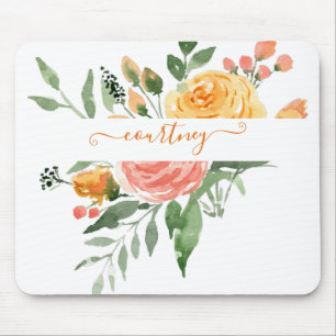 Pink and orange watercolor floral personalised mouse pad