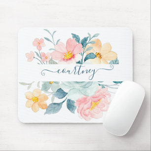 Pink and orange watercolor floral personalised mouse pad