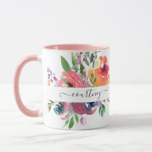 Pink and orange watercolor floral personalised mug