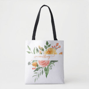 Pink and orange watercolor floral personalised tote bag
