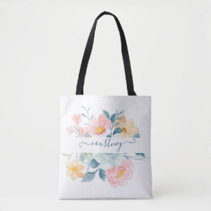 Pink and orange watercolor floral personalised tote bag