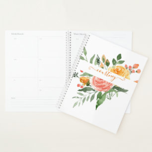 Pink and orange watercolor floral personalized  planner