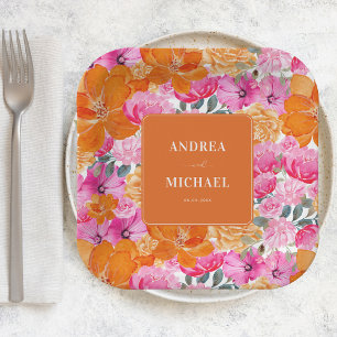 Pink and Orange Watercolor Floral Summer Wedding Paper Plate
