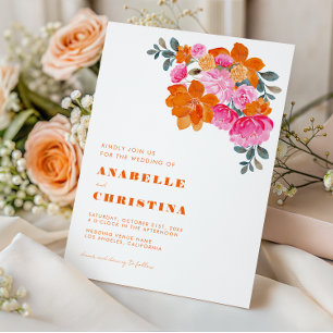 Pink and Orange Watercolor Floral Vibrant Wedding Invitation