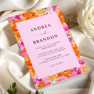 Pink and Orange Watercolor Floral & Wavy Frame Invitation