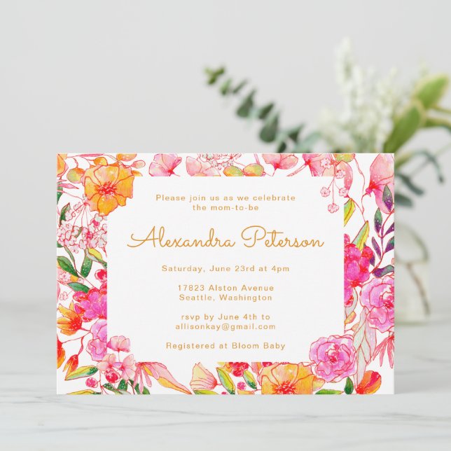 Pink and Orange Watercolor Flowers Baby Shower Invitation (Standing Front)