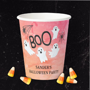 PINK AND ORANGE WATERCOLOR GHOST HALLOWEEN PARTY PAPER CUPS
