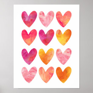 Pink and orange watercolor hearts poster print